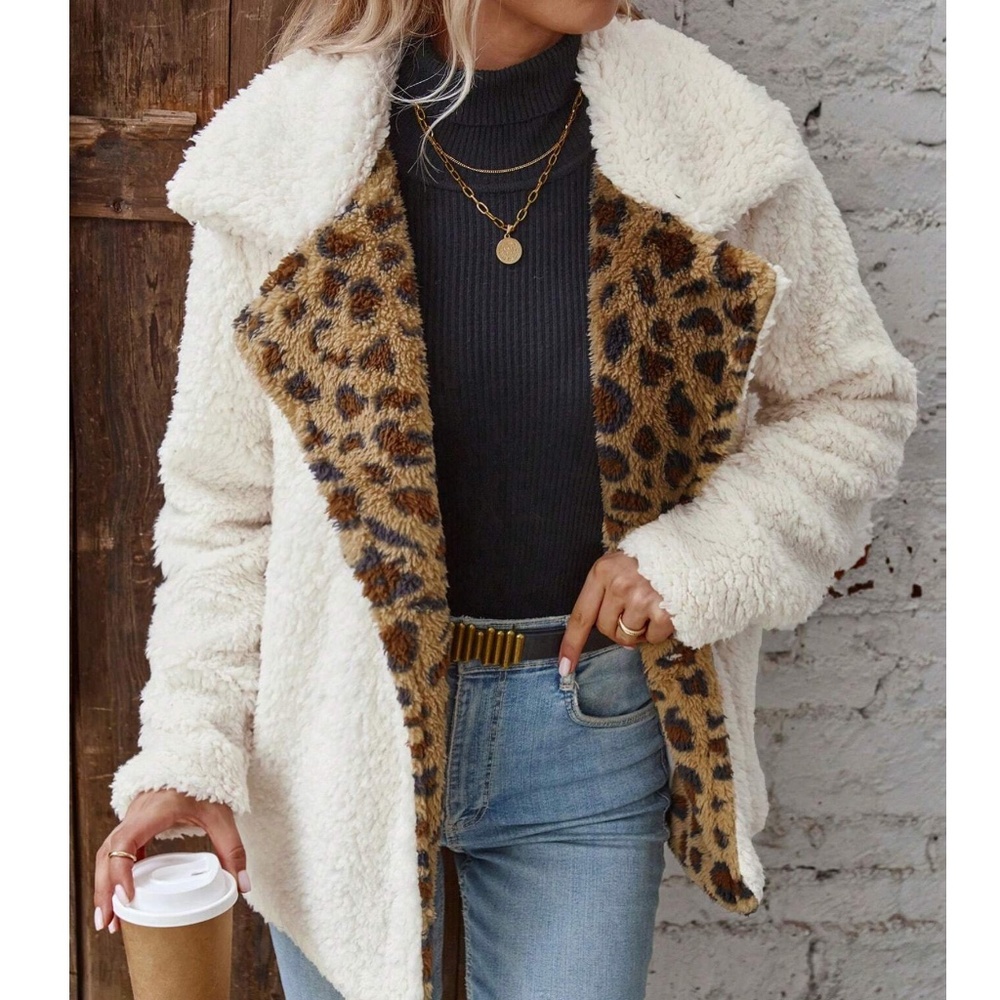 Cozy Leopard Print Teddy Wide Collar Jacket Coat - Picture 1 of 5